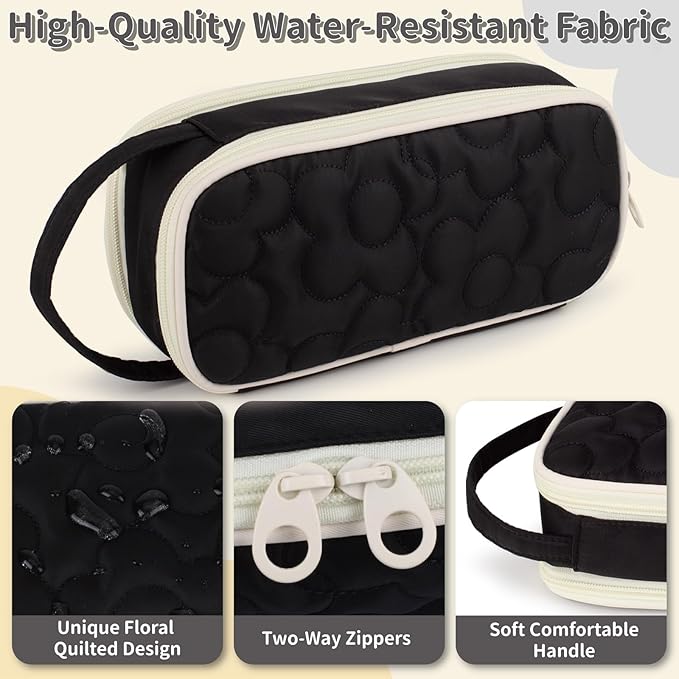 Pencil Case For Girls,Flower Quilted Large Capacity Pencil Pouch With 2 Compartment, Zipper Pencil Bag With Handle, Women Soft Pencil Box For Middle School Office College
