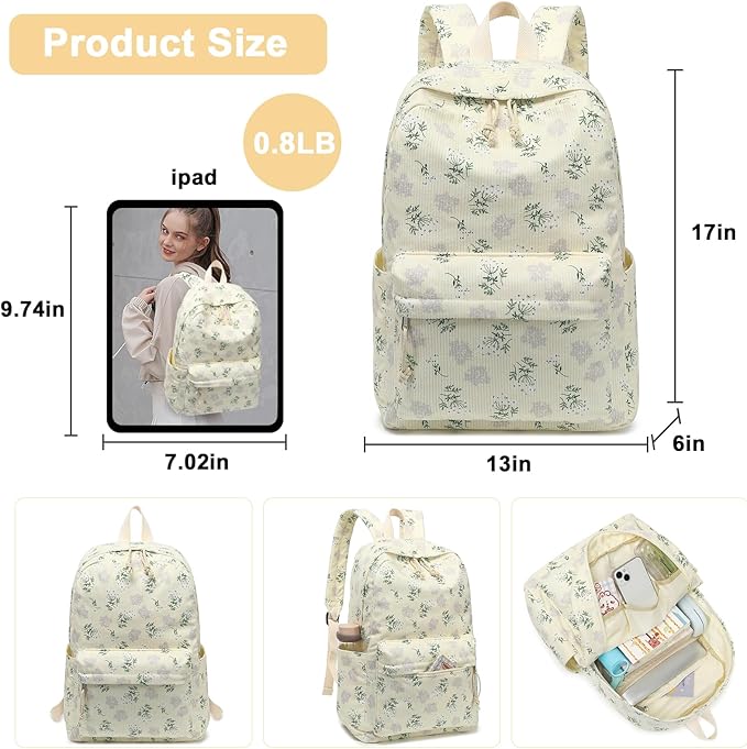 School Backpack for Teens Large Corduroy Bookbag Lightweight 15.6 inch Laptop Bag for Girls Women Casual High School College