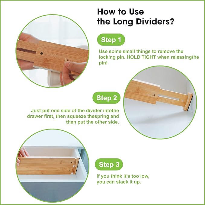 ANTOWIN Bamboo Drawer Dividers Organizers, Drawer Separators Splitter,13-17 inches Long Adjustable Spring-loaded Organizer for Large Utensil, Clothes, Tools Drawers (4+3)