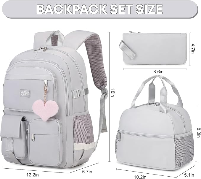 3PCS School Backpack For Student Women College Middle High Teen Girls Bookbag Waterproof Laptop Bag Grey