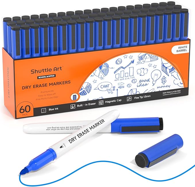 Shuttle Art Blue Dry Erase Markers, 60 Pack Magnetic Whiteboard Markers with Erase,Fine Point Dry Erase Markers Perfect For Writing on Whiteboards, Dry-Erase Boards,Mirrors for School Office Home