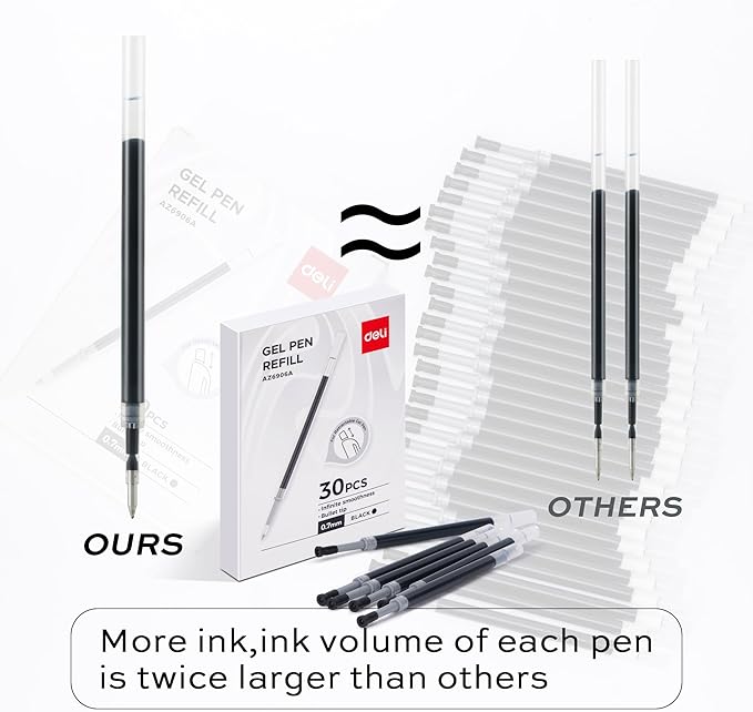 deli Gel Pen Refills, 30 Pcs Retractable Pen Refills Black Ink, Medium Point 0.7mm, Smooth Writing, Fast Dry, No Bleed for Journaling Note Taking, Home School Office Supplies