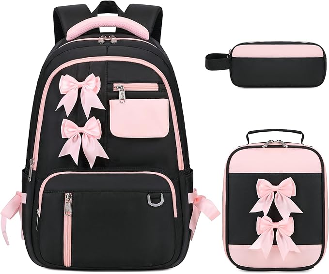 Bevalsa Backpack for Gilrs, Cute School Bags for Kids with Lunch Bag & Pen Case, Bow Bookbag for Girls Children Teens for Elementary Middle High School Student, Back To School Gift (Black Pink)