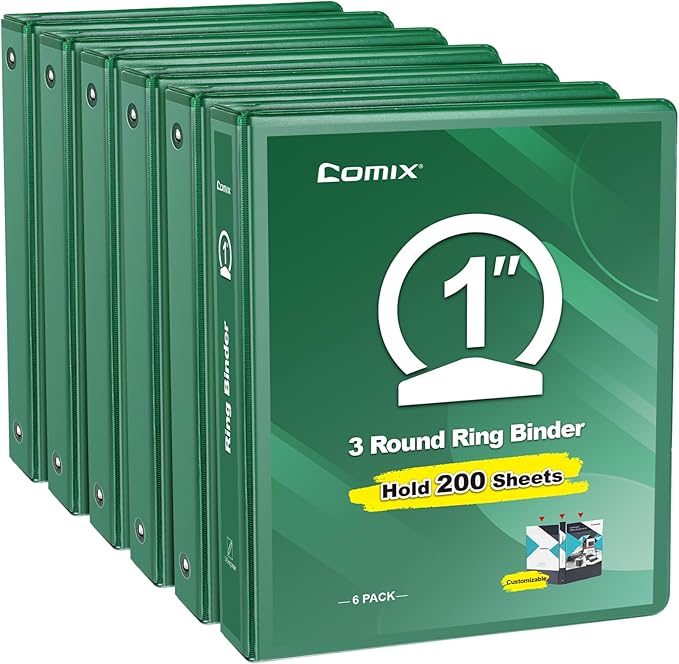 COMIX 3 Ring Binder 1 inch with Clear View Cover, 1" View Binder Holds 200 Sheets of US Letter Size Paper, 6 Pack (Green)