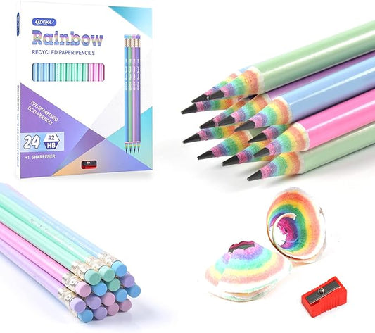 ECOTREE Pre-Sharpened Pencils #2 Cute Number 2 Pencil with Erasers for Kids Eco Rainbow Paper Pencil for School, Writing, 24 Count