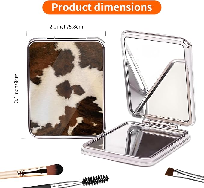 Compact Pocket Mirror, Cute Travel Mini Mirror with Magnification, Foldable Double-Sided Portable Cosmetic Mirror for Men, Women Cowhide Brown Skin