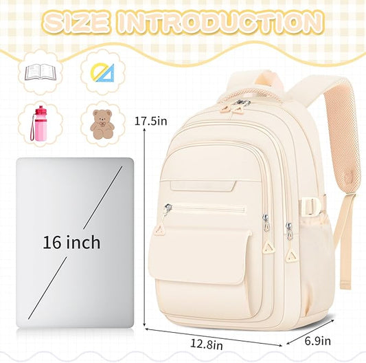 Cute Backpack for School Teen Girls Beige Bookbag Aesthetic Womens Travel Book Bags for School Kids Student Back Packs
