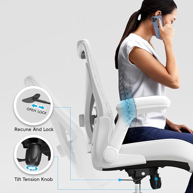 Home Office Ergonomic Chair-Computer PU Leather X-Shaped Desk Chair-Gaming Chair with Adjustable Flip-up Armrests Lumbar Support Mesh Executive Chair for Long Hours Office (White)