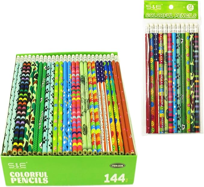 S & E TEACHER'S EDITION Assorted Colorful Pencils, Wooden Pencil with Eraser, Pencil Assortment, Novelty Kids, Awards & Incentives Pencils, No.2 HB, Back to school, 12 Colors 144pcs.