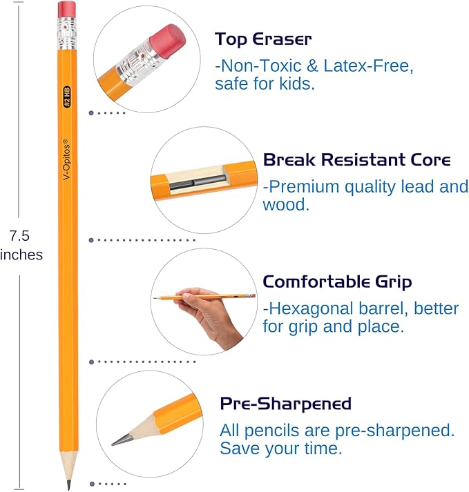 V-Opitos Wood-Cased #2 HB Pencils, 50 Pack Pre-Sharpened with Top Erasers, Bulk Yellow Pencils for School, Writing, Drawing and Sketching