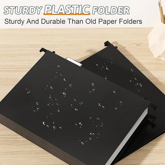 Plastic Hanging File Folder Letter Size,12 Pack Reinforced Heavy Duty Hanging Folders,Sturdy File Cabinet Folders,Black Hanging File Folders with Tabs,Hanging Folders for Filing Cabinet