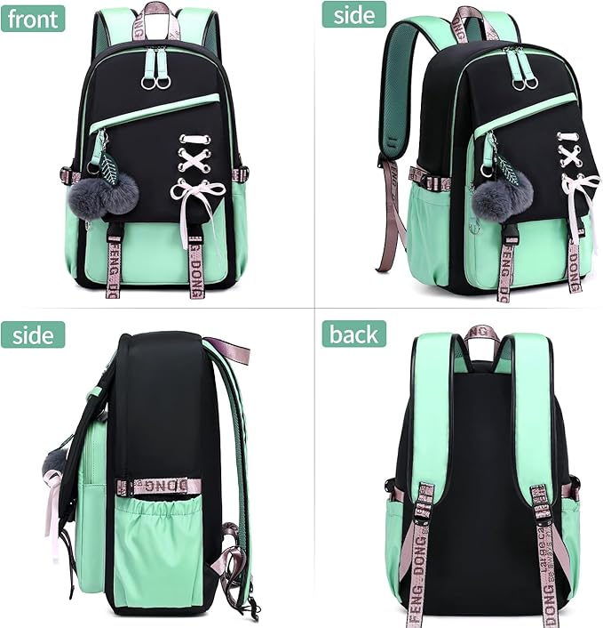 FENGDONG Teenage Girls Bookbag school Backpack Children Casual Daypack Schoolbag for Teens Green