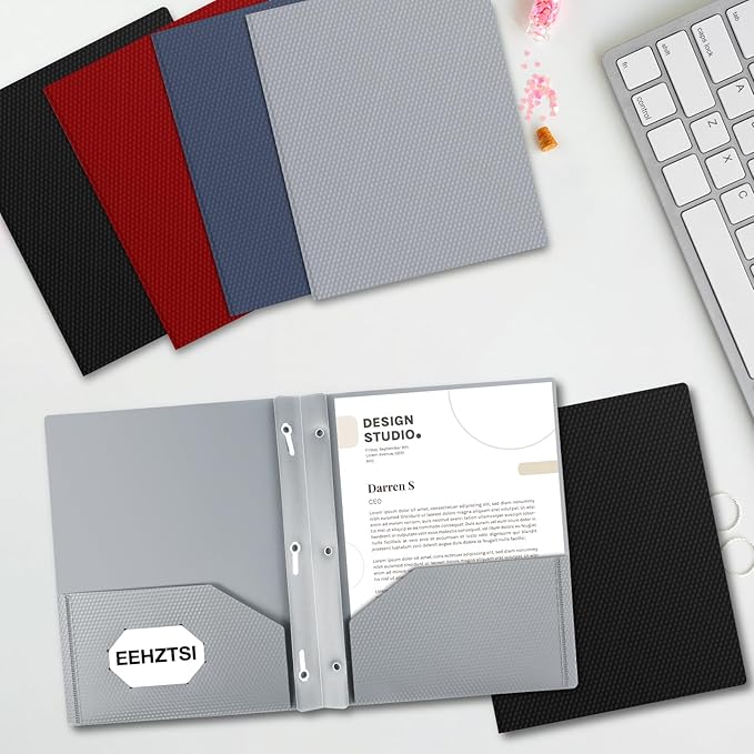 60-Pack Plastic Folders with Pockets and Prongs,2-Pocket Folders with 3 Fasteners, Poly Folders Holds 8-1/2" x 11" Paper for School/Office/Home, Silvery