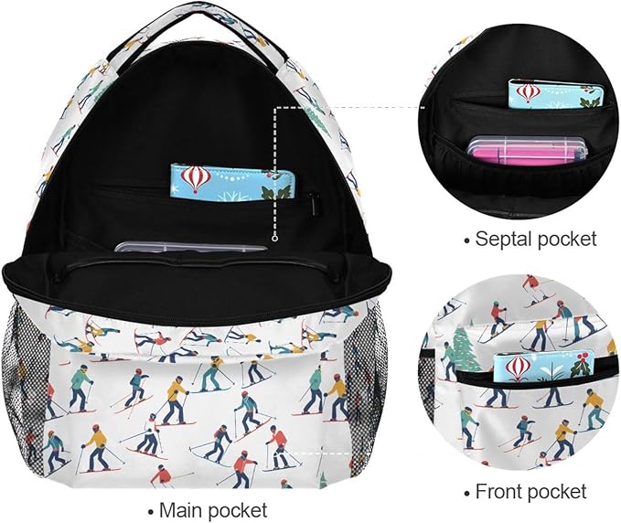 Winter Sports Skiers Backpack for School Student Laptop Travel School Bag for Boys Girls Daypack