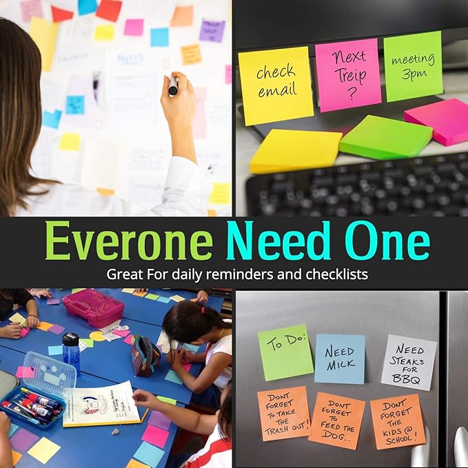 (12 Pads) Sticky Notes 3x3 in 100 Sheets/Pad, Self-Sticky Note Pads, 6 Bright Colors Super Sticky Pads - Easy to Post for School, Office Supplies, Desk Accessories