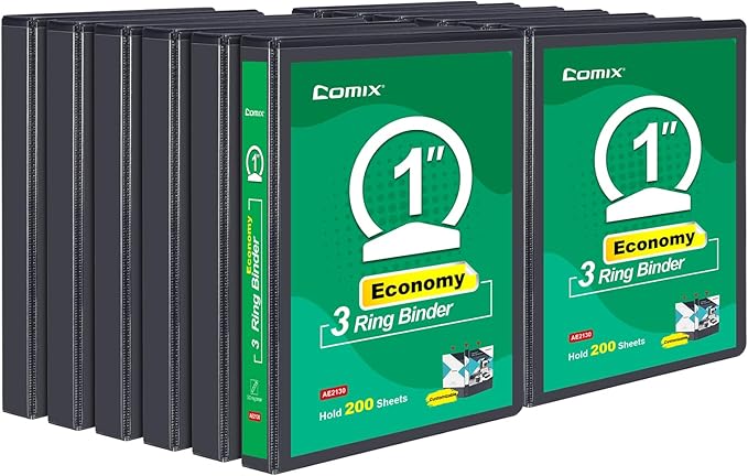 COMIX Economy 1 inch Binders 3 Ring with Clear View Cover, 1" Round Ring Presentation Binder Holds 200 Sheets of US Letter Size Paper, 12 Pack (Black)