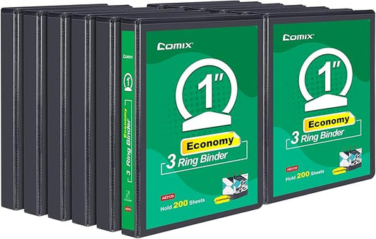 COMIX Economy 1 inch Binders 3 Ring with Clear View Cover, 1" Round Ring Presentation Binder Holds 200 Sheets of US Letter Size Paper, 12 Pack (Black)