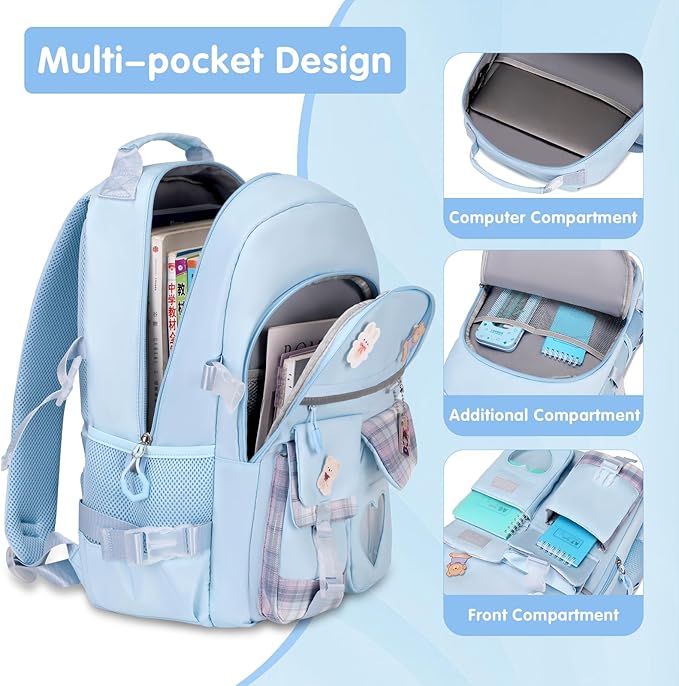 Backpack for Girls - Bookbag Backpacks Schoolbag for Girls Kids Teen Women Casual Travel Daypacks - School Bag Elementary Middle School College Cute Backpack with Lunch Box (Blue)