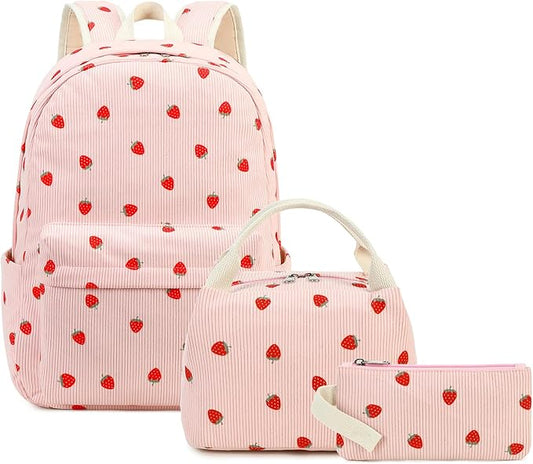 School Backpack for Teen Girls Kids Bookbag Set with Lunch Box Pencil Case, Laptop Backpack Casual Daypacks Teens Bookbag for Kindergarten Elementary Preschool Middle School (Pink Strawberry)