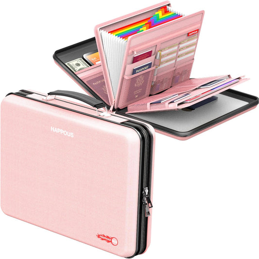 Fireproof File Box, Expanding File Organizer with 13 Pockets, Portable Fireproof Document Box Hard-Shell Document Organizer Storage for Documents Laptop Passports Cards Pink