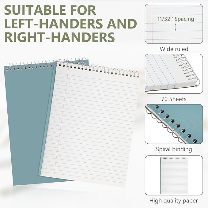 6 Pack 8.5 x 11'' Top Bound Office Steno Book Wide Ruled Double Sided Spiral Notebooks Reliable White Paper 70 Sheets/Pad Pastel Colors Covers for Writing School Notes(Business Color)
