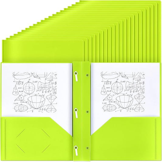 Lincia 100 Pcs Plastic Folders With 2 Pockets and Prongs for Office, School, Students, Teachers, Office Workers (Fluorescent Green)