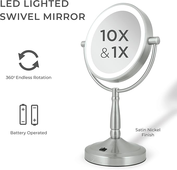 Zadro 9" Round LED Makeup Mirror with Lights and Magnification 5&10X/1X AA Battery Operated Swivel Lighted Makeup Mirror