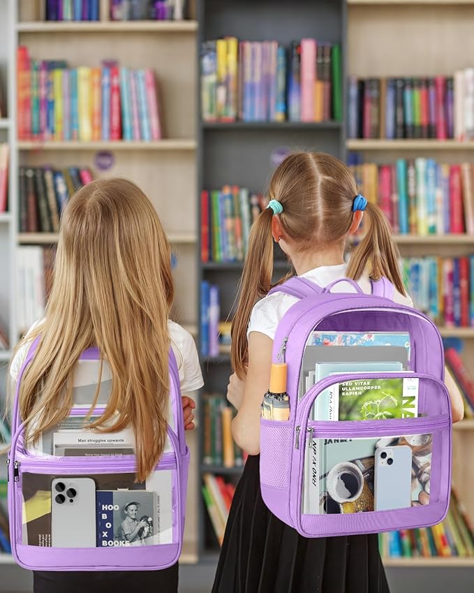 Clear Backpack, Heavy Duty Transparent Bookbag for School, Fabric & PVC Transparent Backpack with Reinforced Strap for Women Men, Capacity Clear Bag for College, Travel, Purple