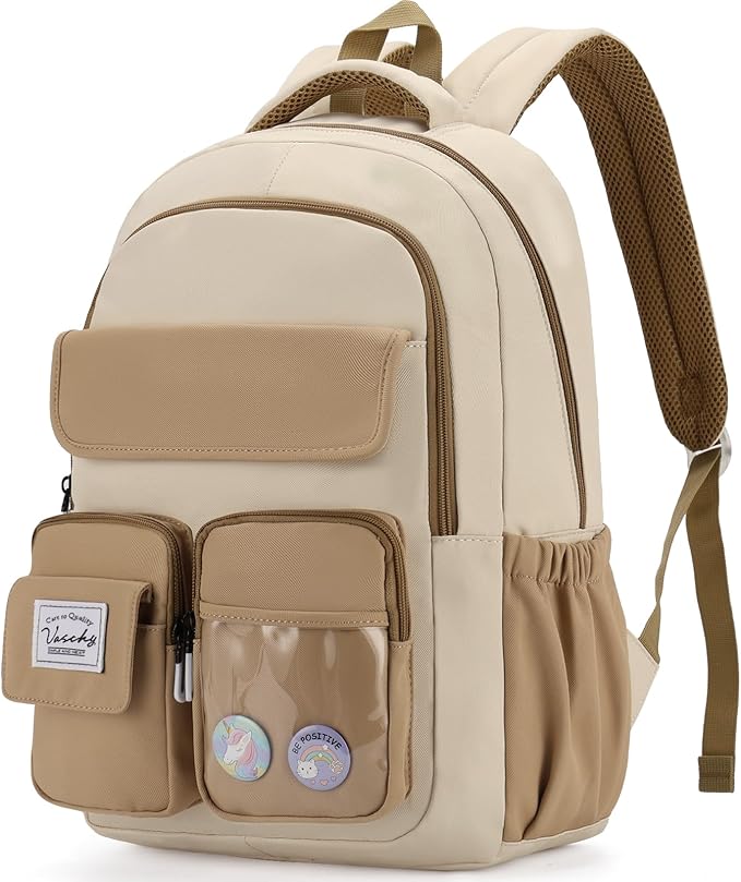 VASCHY Backpack for Girls, Cute School Bag Bookbag for Elementary Middle Schooler Teen Girls/Kids Travel with Clear Pin Pouch Khaki