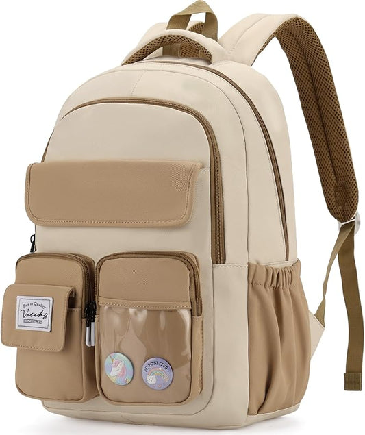VASCHY Backpack for Girls, Cute School Bag Bookbag for Elementary Middle Schooler Teen Girls/Kids Travel with Clear Pin Pouch Khaki