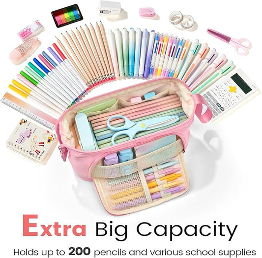 Sooez Big Pencil Case, Extra Large Pencils Pouch, Wide Opening Pen Bag Box with 6 Compartments, Store 200 Pens, Zipper Stationery Organizer, Cute Aesthetic School Supplies for Teen Girls Boys Women