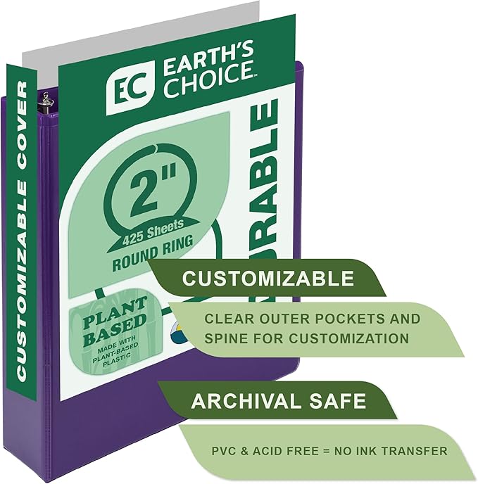 Samsill Plant-Based 2 Inch Durable Round Ring, Made in USA, View Binder, Eco-Friendly, USDA Certified Biobased, 2 Pack, Purple