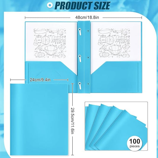 Lincia 100 Pcs Plastic Folders with Pockets and Prong Folders with Prongs Plastic Folders with 2 Pockets Pocket Folders for Office, School for Students, Teachers, Office Workers (Light Blue)