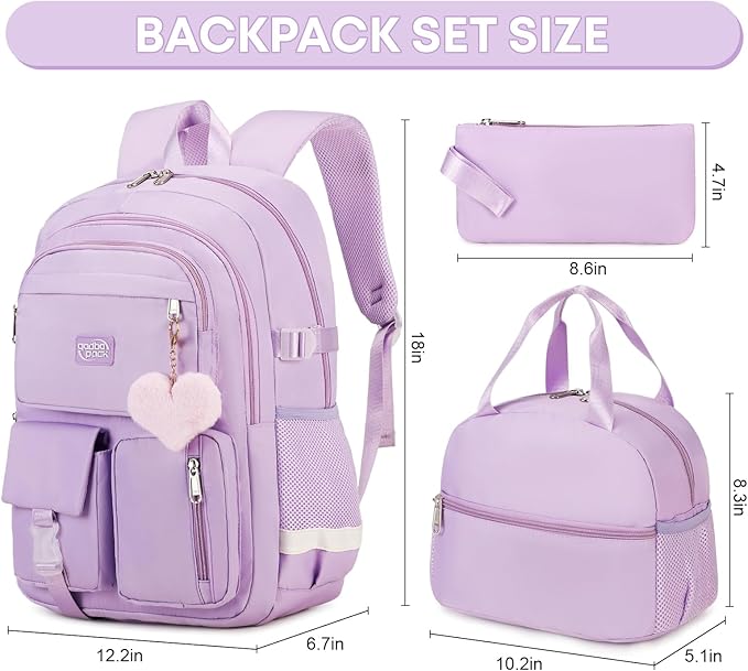 3PCS Backpack For School Women College Middle High Teen Girls Student Bookbag Waterproof Laptop Bag Purple