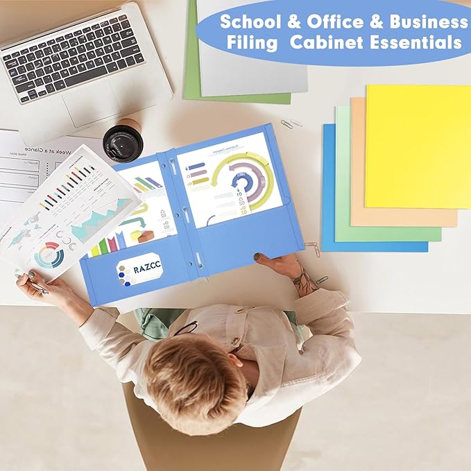 Two Pocket Folders, RAZCC 50 Pack Two Pocket Folders with Prongs, 3 Prong Folders Fit Letter Size Paper, Pocket Paper File Folders for School Office Home Business, Assorted 10 Colors