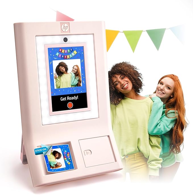 HP Sprocket Photo Booth Machine Instant Color Photo Printer - 10.1" Touchscreen Photobooth, LED Ring Light - Customize w/ 250+ Frames, Prints on 3x4 Zink Paper or Share via QR Code, Mobile App - Pink