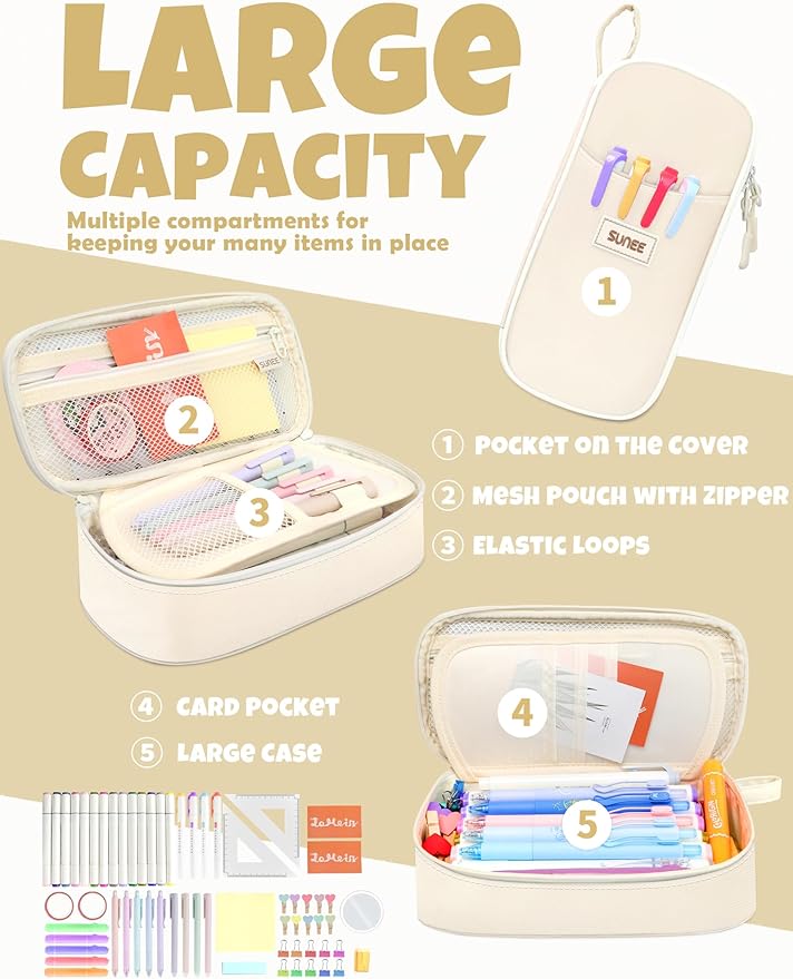 SUNEE Cute Pencil Case, Aesthetic Pen Pouch, Colored Large Pencil Bag with Zipper, Kawaii Stationery Storage and Organizer, School Supplies for Teen and Adult Girls, Beige