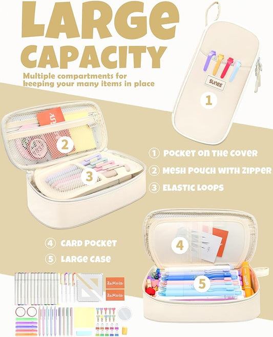 SUNEE Cute Pencil Case, Aesthetic Pen Pouch, Colored Large Pencil Bag with Zipper, Kawaii Stationery Storage and Organizer, School Supplies for Teen and Adult Girls, Beige