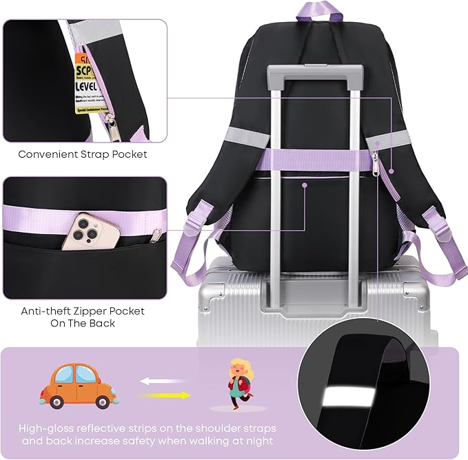 3PCS School Backpack For Student Women College Middle High Teen Girls Bookbag Waterproof Laptop Bag Black Purple