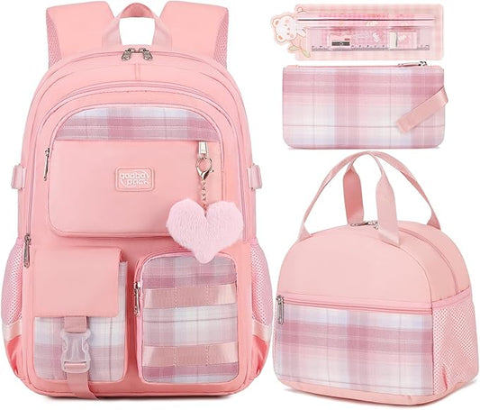 3PCS Student Backpack For School Women College Middle High Teen Girls Bookbag Waterproof Laptop Bag Plaid Pink