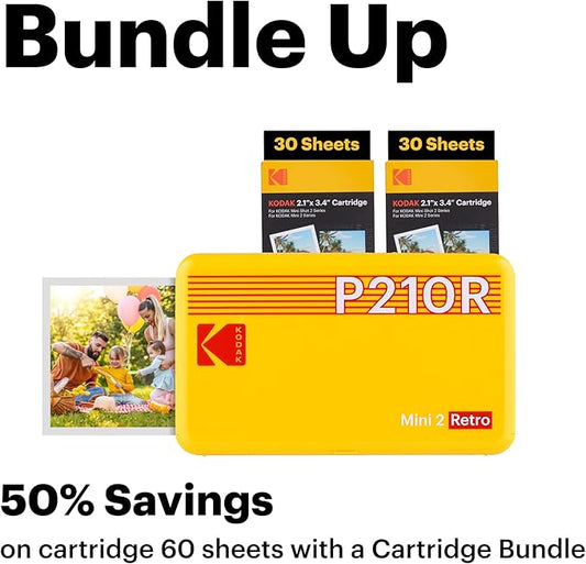 KODAK Mini 2 Retro 4PASS Portable Photo Printer (2.1x3.4 inches) Initial 8 Sheets + 60 Sheets Bundle, Yellow