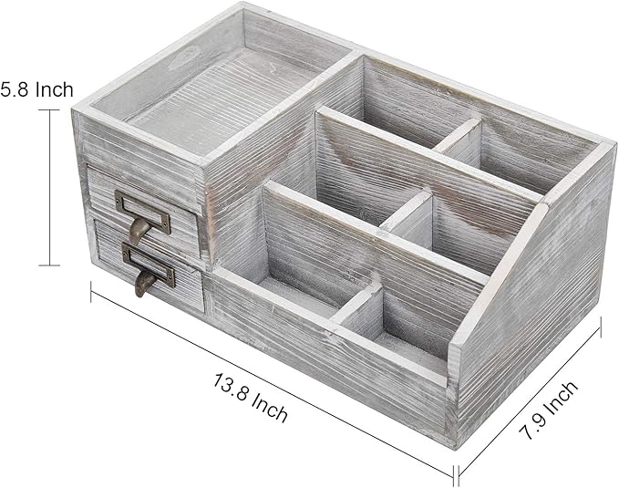 Distressed Rustic Wooden Office Desktop Organizer Wood Shelf Tabletop Home Organizer Storage with Multiple Compartments 2 Tier Drawers,perfect Jewelry storage Display Box for Desk, Vanity (gray)