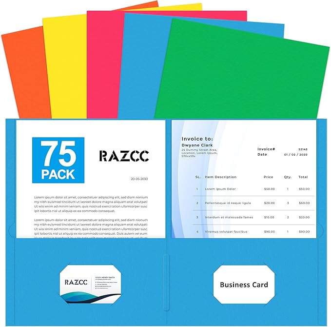 Two Pocket Folders, RAZCC 75 Pack 2 Pocket Folders Fit Letter Size Paper, Paper Folders with Pockets for School Office Business Home, Assorted 5 Colors