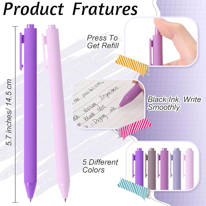 Crtiin 50 Pcs Gel Ink Pens Bulk Black Ink, Smooth Writing Cute Colorful Pens for Back to School First Day of School Teacher Student Server Office Supplies Staff Party Favor Gifts (Purple Series)