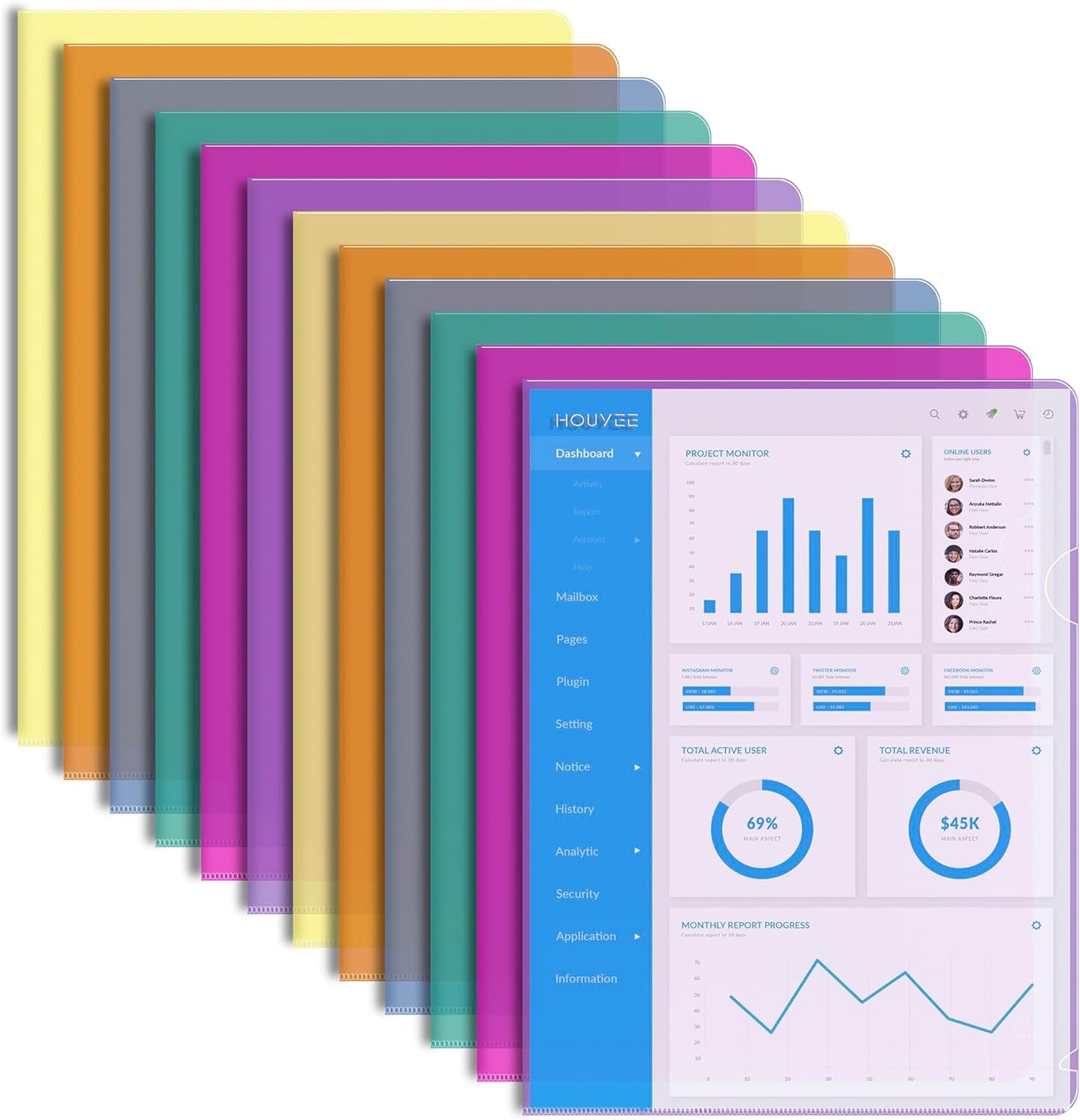HOUYEE 12 Pack Clear Document Folder, Plastic Paper Sleeve Fit for Letter Size Paper, for Home, Office, and School Use(6 Assorted Colors)