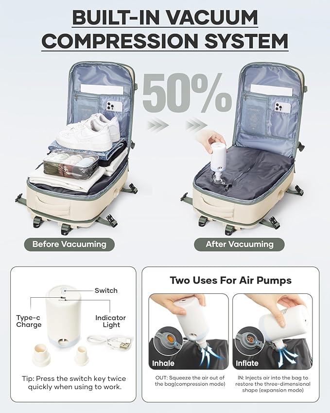 coofay Vacuum Backpack Travel with Pump Vacpack Travel Backpack with Vacuum System Compression Backpacks