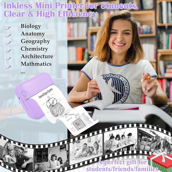 Mini Thermal Inkless Sticker Printer with 14 Rolls Paper, Compatible with iPhone/Android Phone/Tablet, Mini Pocket Printer for Photos/Stickers/Labels/Notes, Purple