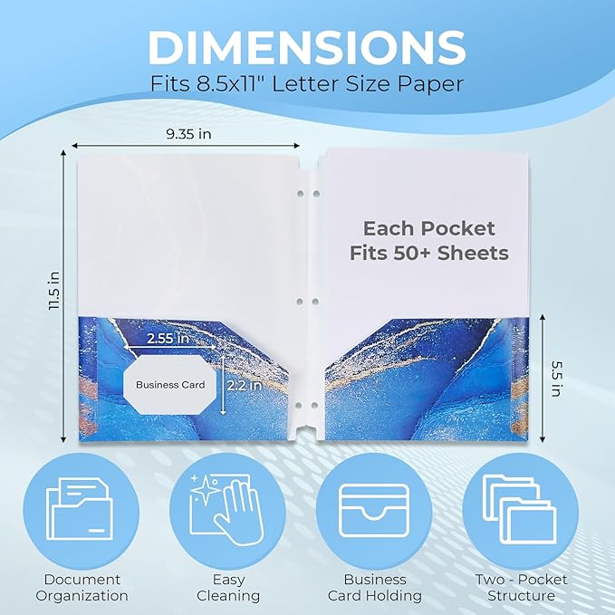 6 Pack Marble Design File Folders with Pockets - Plastic Folder with 2 Pockets & a Business Card Holder, Durable File Folders for Documents, School, Office & Home (Folder with Pockets)