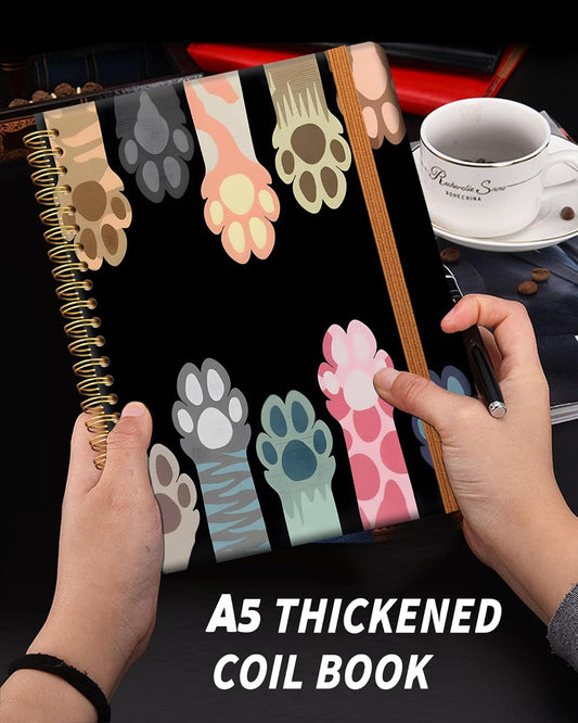 Ruled Spiral Writing Notebook,A5 Hardcover Lined College Journal for Women Lady,Fashion Puppy Watercolor Strong Twin-Wire Binding with Premium Paper,8.4" X 6",Perfect for School,Office,Home Gifts(Cat Animals Paws)