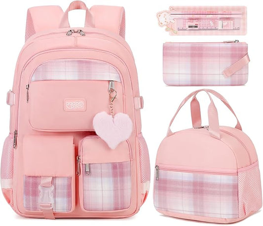 3PCS School Backpack For Student Women College Middle High Teen Girls Bookbag Waterproof Laptop Bag Plaid Pink